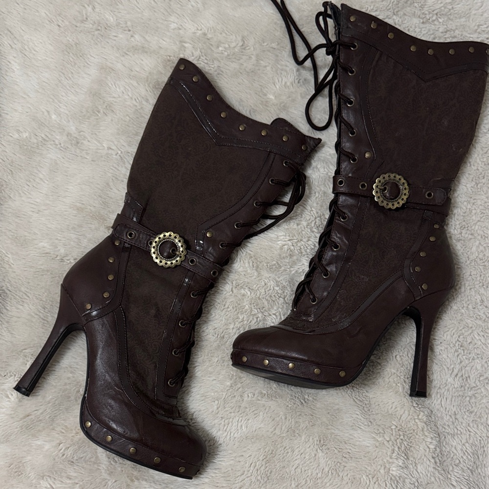 Ellie Steampunk Brown Studded Heeled Boots - 7